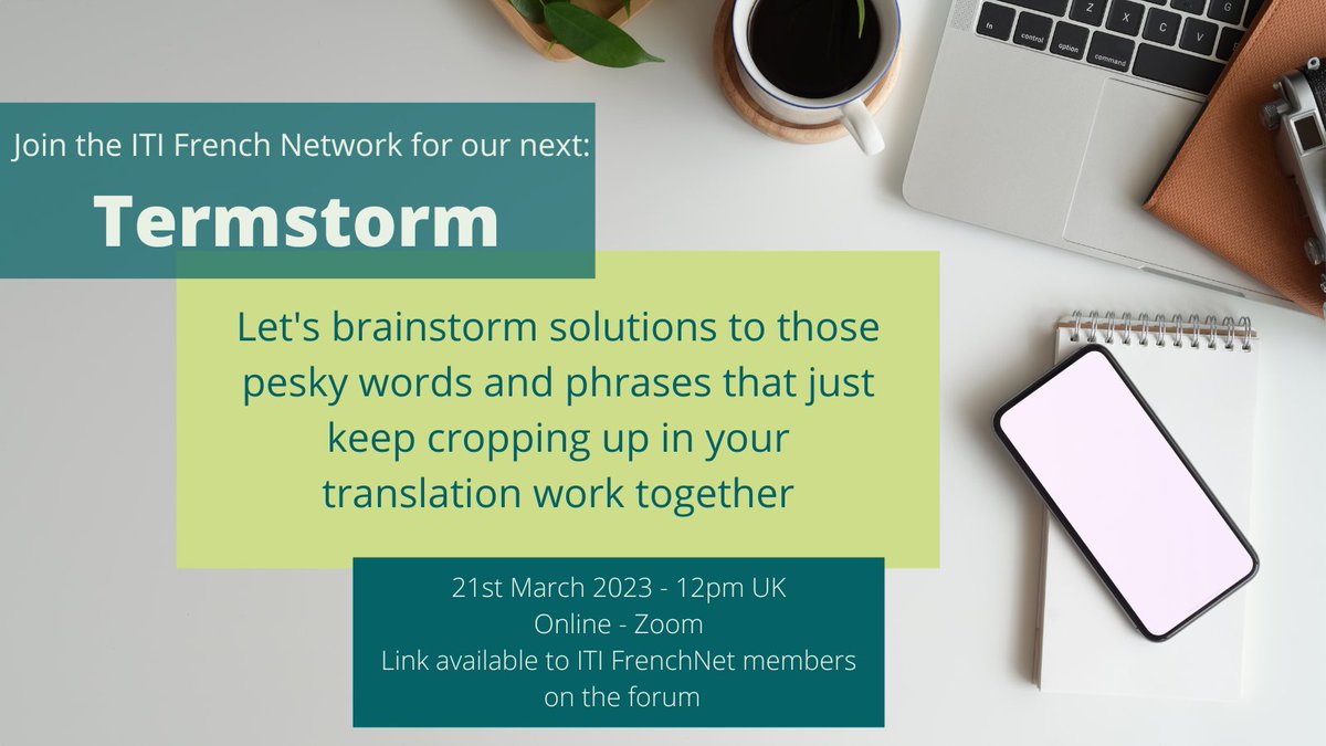 La semaine prochaine !

#Members of the ITI French Network:
Our next #Termstorm is next week, on 21st March at 12pm UK time.
You can join on the day by using the link on our #Forum.

#MembersOnly

#Termonology #Brainstorm #Together #CPD #ITICommunity #FrenchNetCommunity