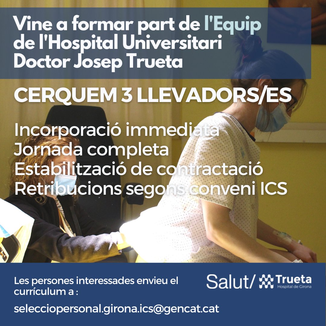 htrueta's tweet photo. 📢📢OFERTA LABORAL

L’Hospital Universitari Dr. Josep Trueta de Girona busca incorporar tres diplomats/es sanitaris/àries especialistes en Infermeria Obstètrica i Ginecològica (Llevador/a)

#TreballaAlTrueta

➕ informació a https://t.co/LMLD17WzHA https://t.co/okvUrYB09d