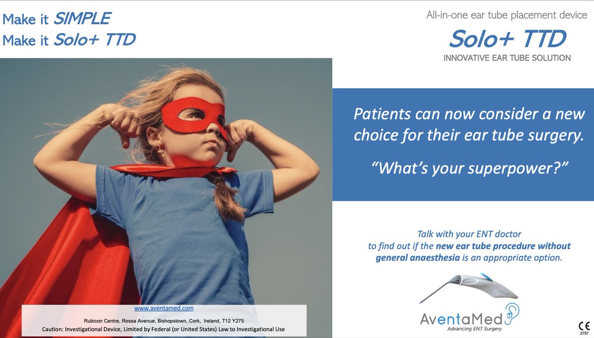 Patients can now consider a new choice for their ear tube surgery.
“What’s your superpower?”
Talk with your ENT doctor to find out if the new ear tube procedure without general anaesthesia is an appropriate option.
For more information go to aventamed.com
#eartubes #ORL