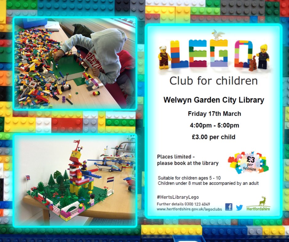WGC_Central_Lib's tweet photo. Are you ready for this week's Lego Club for children?
The fun is happening tomorrow afternoon, Friday 17th March, 4-5pm.
Pre-booking is preferred but we always welcome drop-ins! We look forward to seeing you tomorrow!
#HertsLibraryLego #LegoClub #LegoClubForChildren #Lego https://t.co/I9eEF93vDl