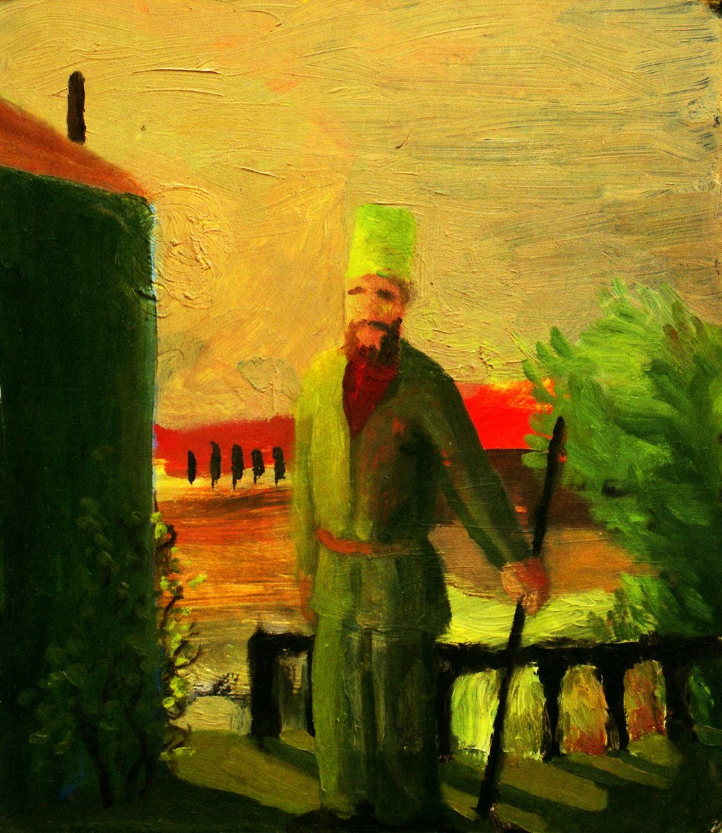 Zetterstrand's tweet image. Sorry to break it to you. It&apos;s a weird guy in a fez holding a stick.
One of the strangest paintings I&apos;ve made.
I remember painting it when I went to the Royal College of Art. Maybe 1997??