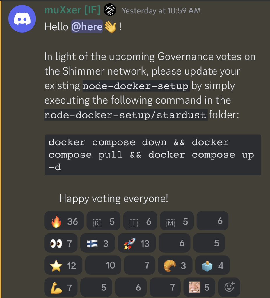 ShimmerGov's tweet photo. The time is closing upon us #SooN!!!
#LetsGovernTogether #Shimmer #IOTA #Voting #NodeUpdate https://t.co/YDIecGjOu7