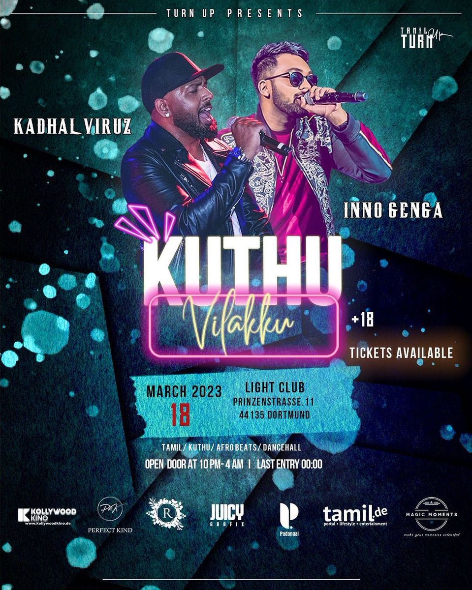 Germany 🇩🇪 Get ready to go crazy with us!🔥

Catch me performing alongside with <a href="/innogenga/">Inno Genga</a> on the 18th of March at @tamil_turnup’s KUTHU VILAKKU in Dortmund, Germany.

📍Light Club
 Prinzenstrasse 11 | 44135 Dortmund
🗓️ 18.03.2023
🕙 10pm - 4am

Tickets : tickettailor.com/events/tamiltu…