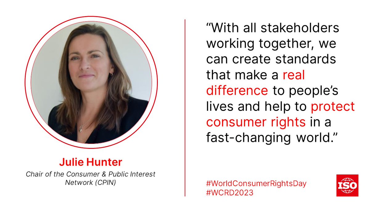 Did you know #consumers play a large role in the development of ISO Standards?  Here’s more from expert, <a href="/ConsumerJulie/">Julie Hunter</a> on how to put the consumer first during trying times. 
👉ow.ly/VnzR50NiQJ2 #WCRD2023