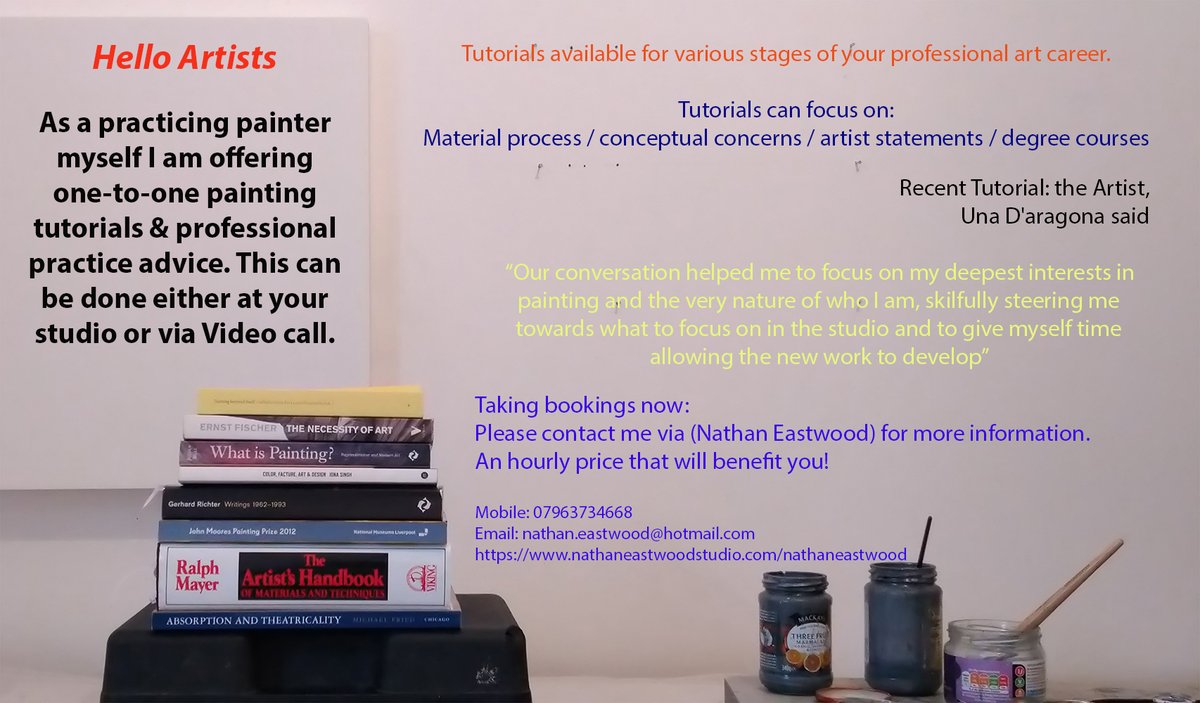 Hello friends,
If you are an artist &amp; believe that you need a tutorial concerning studio development or professional practice then please do contact me for ... appointment. 
details: nathan.eastwood@hotmail.com
regards! 
#artist #professionalpractice
<a href="/SunPierHouse/">Sun Pier House</a> 
@paintbritain