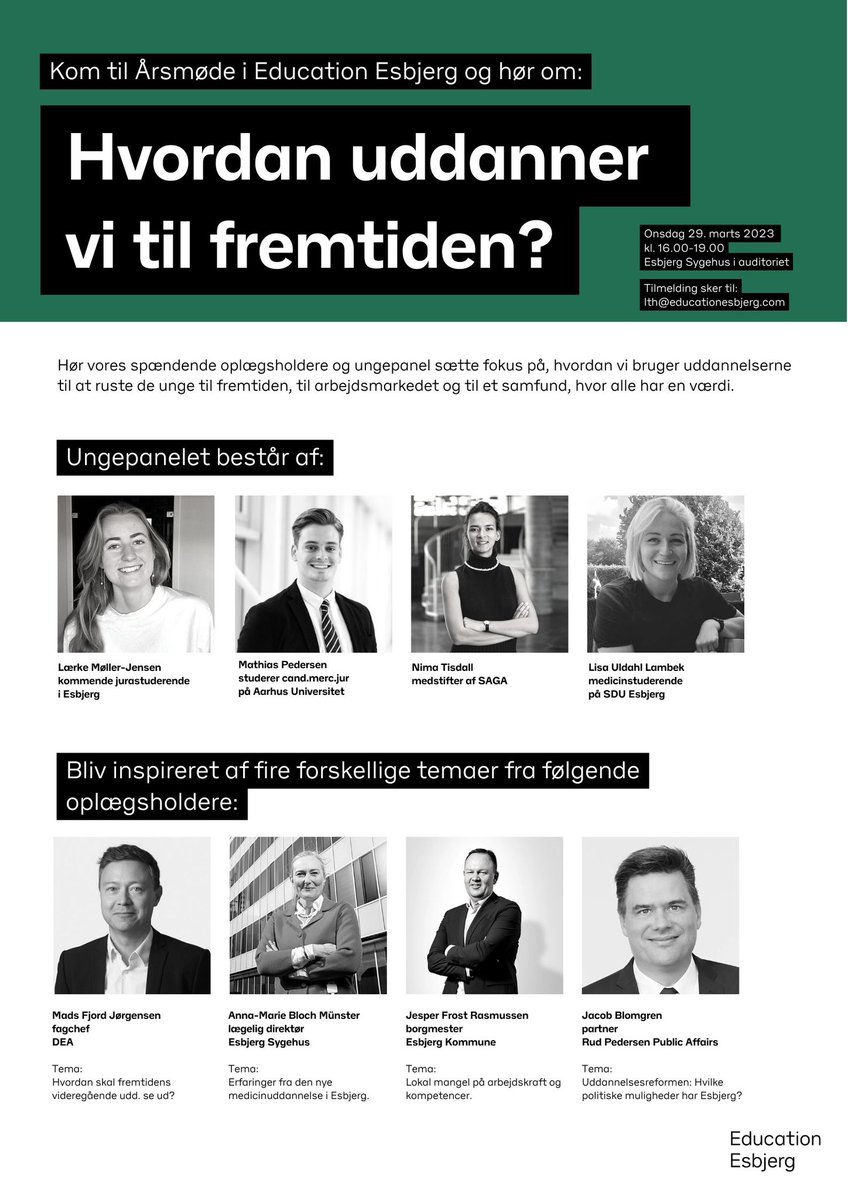 Martin Bahr (@martinlbahr) on Twitter photo Hvordan uddanner vi til fremtiden? Det sætter vi fokus på til Education Esbjergs første årsmøde d. 29/3, hvor vi har engageret en række interessante oplægsholdere og et sejt ungepanel. Se hele programmet nedenfor og meld dig til via mail til lth@educationesbjerg.com Hvordan uddanner vi til fremtiden? Det sætter vi fokus på til Education Esbjergs første årsmøde d. 29/3, hvor vi har engageret en række interessante oplægsholdere og et sejt ungepanel. Se hele programmet nedenfor og meld dig til via mail til lth@educationesbjerg.com