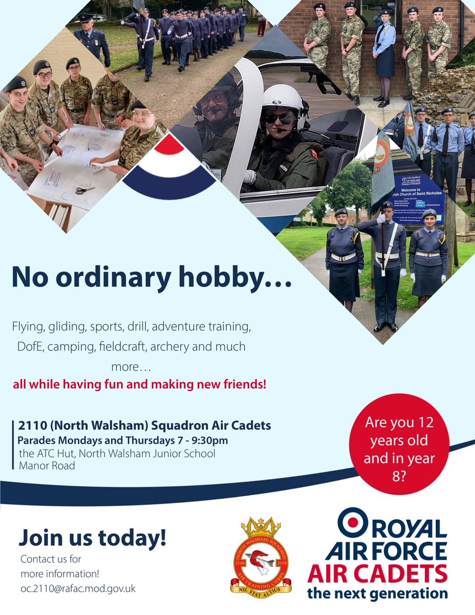 OPEN EVENING TONIGHT!! 

Do you or your son/daughter have an interest in aviation or have you simply wondered what it is the RAF Air Cadets do? 

If so come down to the North Walsham Squadron Air Cadet Hut on Manor Road this evening from 7pm to find out!

All are welcome!