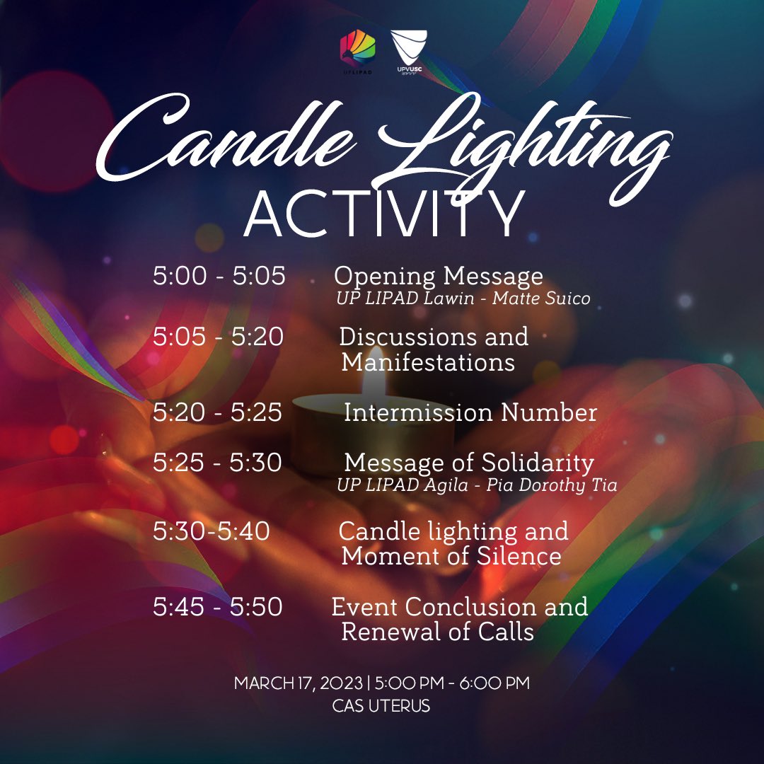 uplipadofficial's tweet photo. Join us as we light candles and hold a vigil at the CAS Uterus from 5:00PM - 6:15PM in honor of our fallen queer and trans siblings who suffered from violence and discrimination.
#UPLipad
#UPVPride2023
#BekLABAN #PrideInProtest
#SOGIEEqualityNow https://t.co/Tx4BJUNSb3