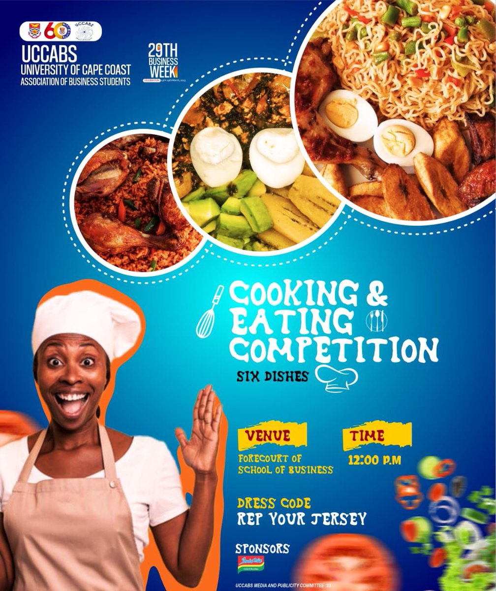 uccabs_official's tweet photo. Fellow Giants🔵⚪🔵⚪
It's Day 4 of the Business Week Celebration. And it is the Cooking and Eating Competition* 🥳🥳😋
*The dress code is "Rep Your Jersey"*
*Time: 12 noon*
*Venue: School of Business Forecourt*                                                     
Don’t miss it https://t.co/YkbAQB4j9H