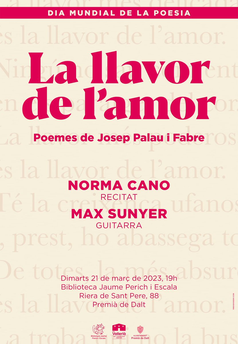 Font del Cargol (@fontdelcargol) on Twitter photo DIA MUNDIAL DE LA POESIA 2023
La <a href="/BibliotecaJaume/">Biblioteca Jaume Perich i Escala</a> en col·laboració amb #CanVallerià organitzen "La llavor de l'amor", un espectacle amb poemes de Josep Palau i Fabre, recitats per Norma Cano i Max Sunyer a la guitarra. Dimarts 21 de març a les 19 h #PremiàDeDalt US ESPEREM DIA MUNDIAL DE LA POESIA 2023
La <a href="/BibliotecaJaume/">Biblioteca Jaume Perich i Escala</a> en col·laboració amb #CanVallerià organitzen "La llavor de l'amor", un espectacle amb poemes de Josep Palau i Fabre, recitats per Norma Cano i Max Sunyer a la guitarra. Dimarts 21 de març a les 19 h #PremiàDeDalt US ESPEREM