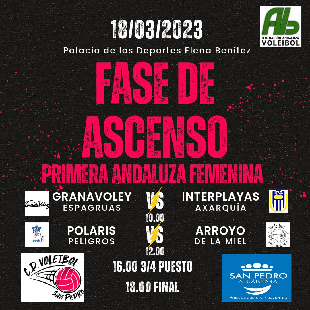 Este fin de semana tendrán lugar las fases de ascenso a 1º Andaluza.
🚩Femenina sábado en San Pedro de Alcántara (Málaga)
🚩Masculina domingo en Peligros (Granada)
<a href="/DGRAVB_FAVB/">Delegación Granadina de Voleibol</a> <a href="/FAVB_/">FAVB</a> <a href="/VoleibolSnPedro/">VOLEIBOL SAN PEDRO</a>