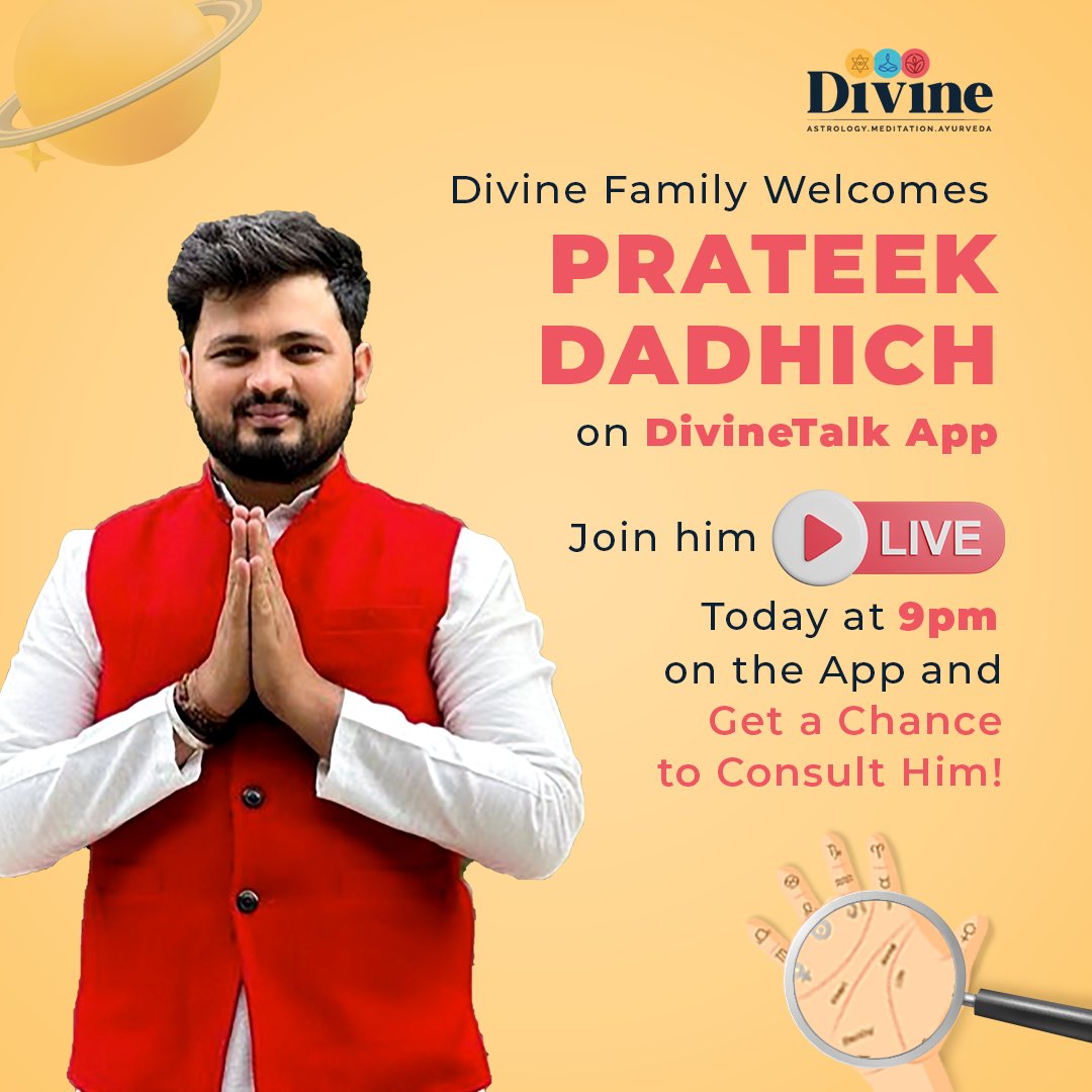 Divine_Talk_in's tweet photo. DivineTalk family welcomes one of the most renowned astrologer Prateek Dadhich. 
Catch him live at 9pm today only on divinetalk!! 

#DivineTalk #Welcome #astrologer #palmreading #vedic #tarot #numerology #happy #joining #catchhimlive #live #vastu #chakraexpert https://t.co/XcDDx7aVeG