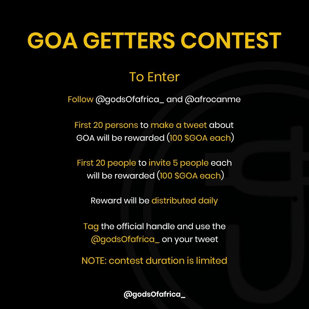gods0fafrica_'s tweet photo. 💰 $GOA GETTERS CONTEST 💰

Dear gods, we understand that there’s quite a number of gods eager to lay their hands on the $GOA. 

Thus, we’ve decided to host a much easier contest. Kindly follow the instructions below to participate ⚡️⚡️ https://t.co/j0KubCDE73