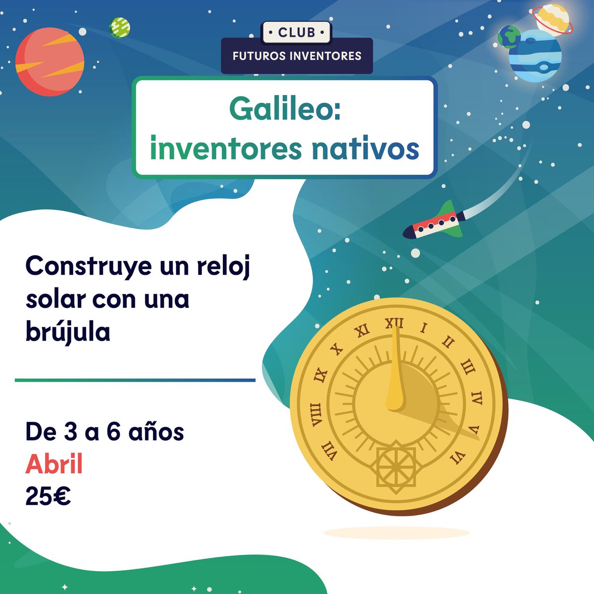 Ya hemos publicado nuestros talleres de abril 🌞 
¿Tienes un pequeño inventor de 3 a 6 años? En esta actividad aprenderemos conceptos básicos de astronomía y cómo aplicarlos a inventos que cada niño desarrollará por sí mismos 🔭