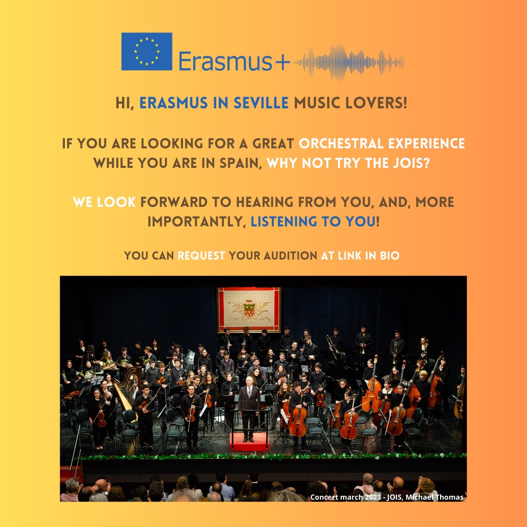 JOSS_Sevilla_'s tweet photo. Hi, Erasmus in Seville music lovers!
If you are looking for a great orchestral experience while you are here in Seville, why not try the JOIS?
We look forward to hearing from you, and, more importantly, listening to you!
You can request your audition at https://t.co/TJdYWRiXZg https://t.co/FH9HeGDoFD