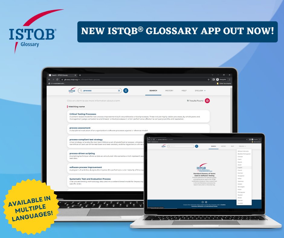 New ISTQB® Glossary App available! 
🔹Responsive GUI design, usable in any common browser or screen size
🔹Intuitive advanced search options
🔹Print search results in a formatted pdf document
Check it out 👉 bit.ly/3lqinln or ISTQB.org
#ISTQBGlossary #ISTQB