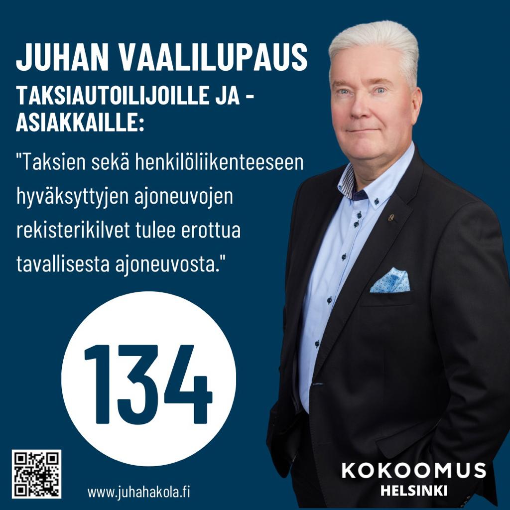 Twiitti 1/3: Vaalilupaukseni taksiautoilijoille ja taksiasiakkaille:
Taksien sekä henkilöliikenteeseen hyväksyttyjen ajoneuvojen rekisterikilvet tulee erottua tavallisesta ajoneuvosta. 
<a href="/taksiliitto/">Suomen Taksiliitto</a> @taksihelsinki @lahitaksi <a href="/menevataksi/">MENEVÄ</a>