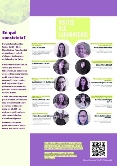 Les doctorandes de la facultat han organitzat aquesta activitat per a poder visitar i conèixer els laboratoris en els que treballen.
No us ho perdeu!💜

Link del forms per a apuntar-vos:

forms.gle/oH9afTEfTNPAmc…