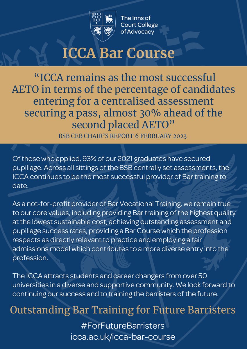 The ICCA Bar Course continues to grow from strength to strength. Across all sittings of the BSB centrally set assessments, the ICCA continues to be the most successful provider of Bar training to date!

#ForFutureBarristers #students #lawstudents #pupillage #barristers