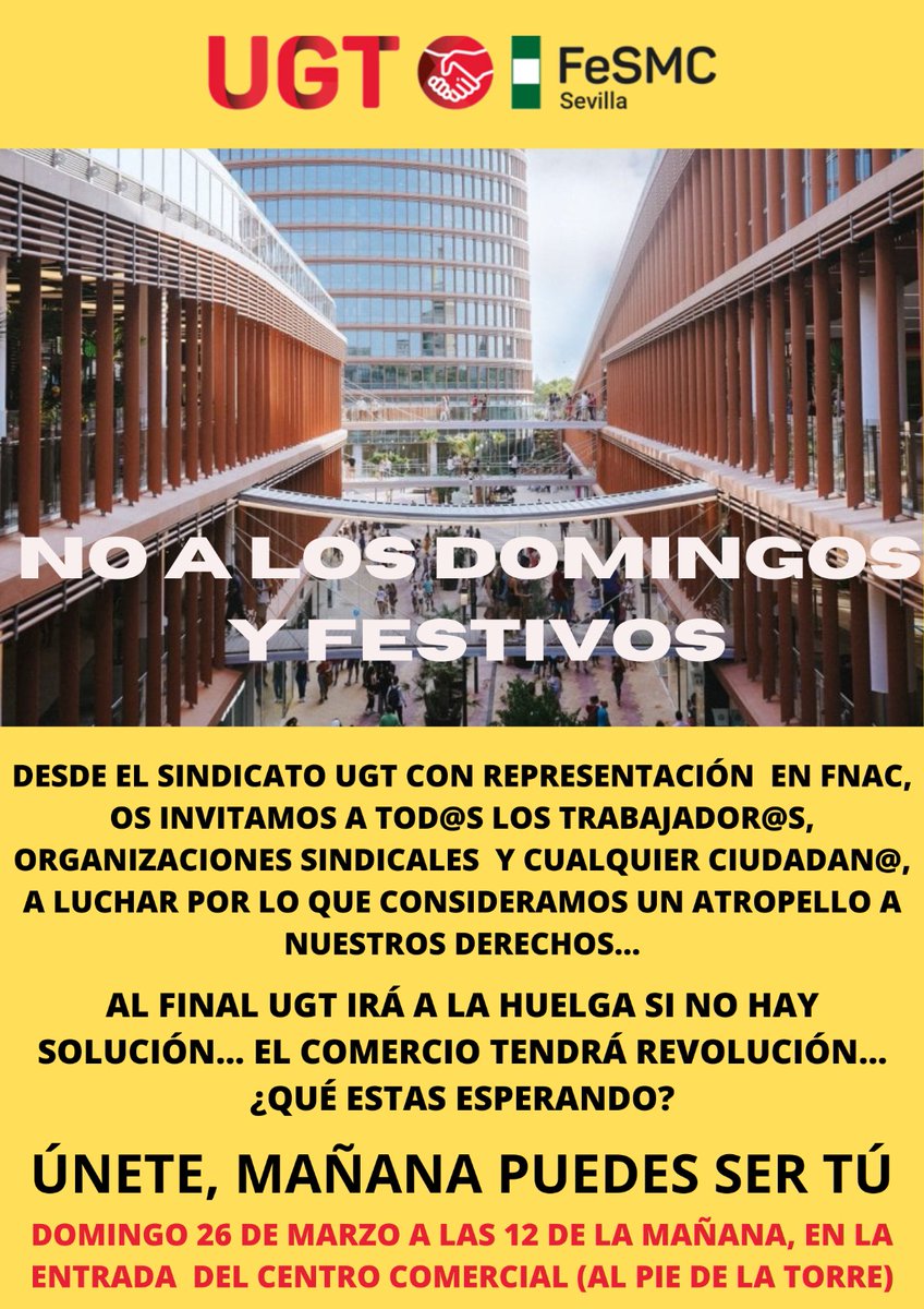 La ciudad de #Sevilla está en pie de guerra contra la política del gobierno andaluz de liberalización total del comercio, machacando a los pequeños frente a las multinacionales.
<a href="/JuanMa_Moreno/">Juanma Moreno</a> ¡trabaja tú los domingos y festivos! Uníos, mañana podéis ser vosotr@s.
#MasAperturasNo