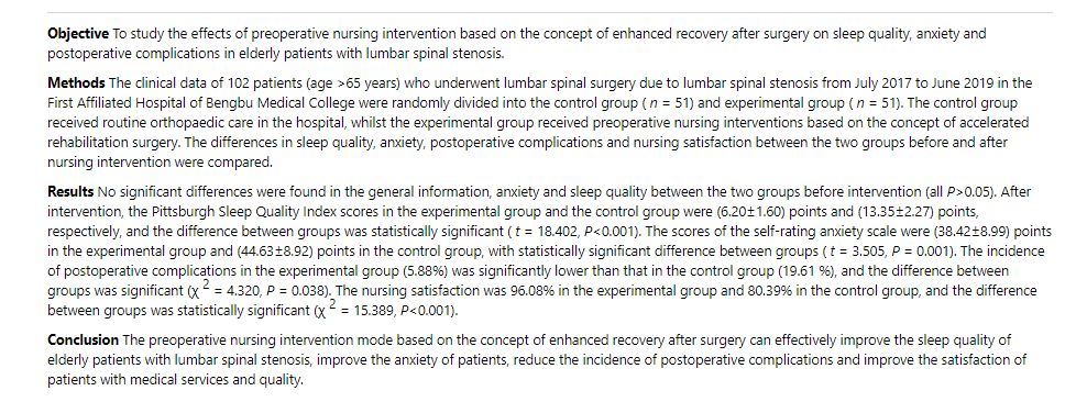 CJGP_journal's tweet image. &apos;Application of #preoperative nursing intervention mode based on the concept of enhanced #recovery after surgery in elderly patients with lumbar spinal stenosis&apos; an article on #ScienceOpen: scienceopen.com/document?vid=e…