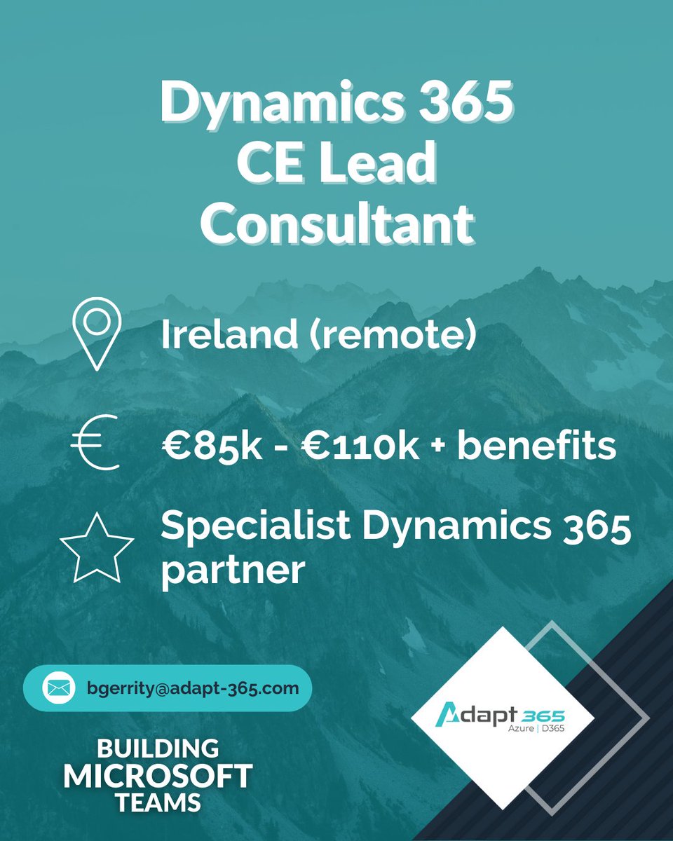 Adapt_365's tweet photo. 🌟 We are looking for a Dynamics 365 CE Lead Consultant 🌟 

Do you have experience as a CRM Lead Functional Consultant?  👀 Join an innovative Microsoft Dynamics specialist as they take on more enterprise projects! 🙌

💵 €85k - €110k + benefits
💰 Big pension contribution ... https://t.co/NYK2QlPb83