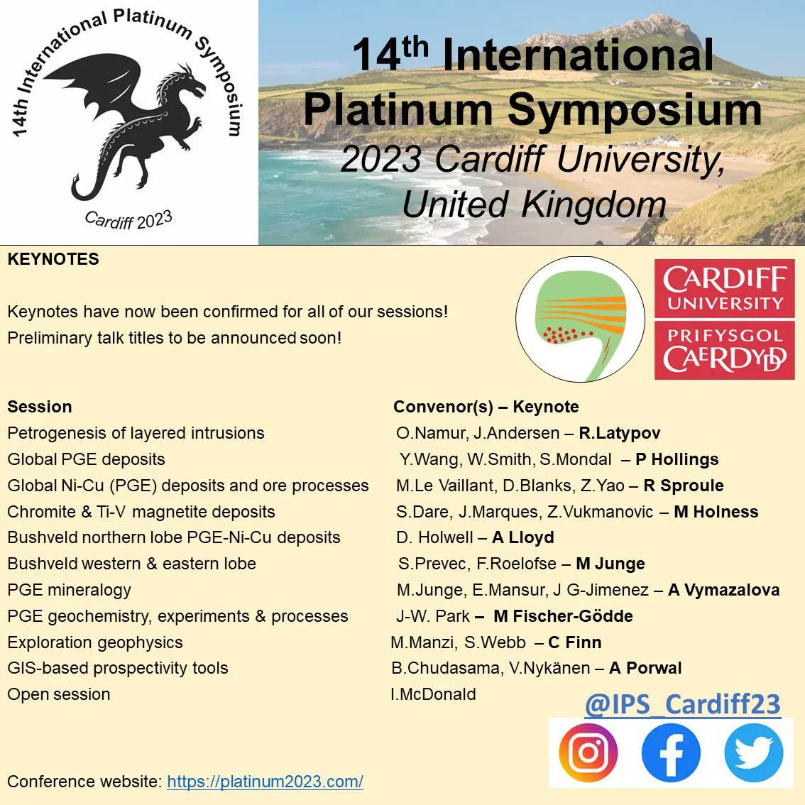 🚨 KEYNOTES 🚨 Each of our sessions now have confirmed keynote presentations! They will be covering PGE deposits, Ni-Cu-(PGE) deposits, layered intrusions, exploration geophysics and much more! More detailed posts to follow!