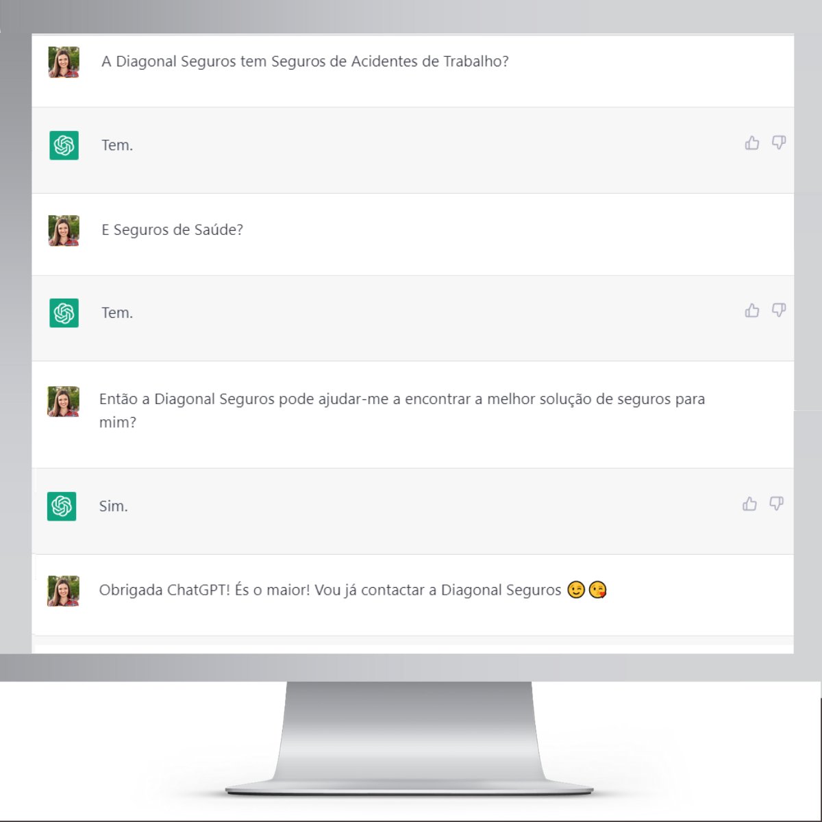 diagonalseguros's tweet photo. Até o #ChatGPT sabe que a #DiagonalSeguros pode ajudar a encontrar a melhor solução para si 😊. Fale connosco!
#TemosOSeguro - e a inteligência (não artificial)😉. https://t.co/e3yzExBat5