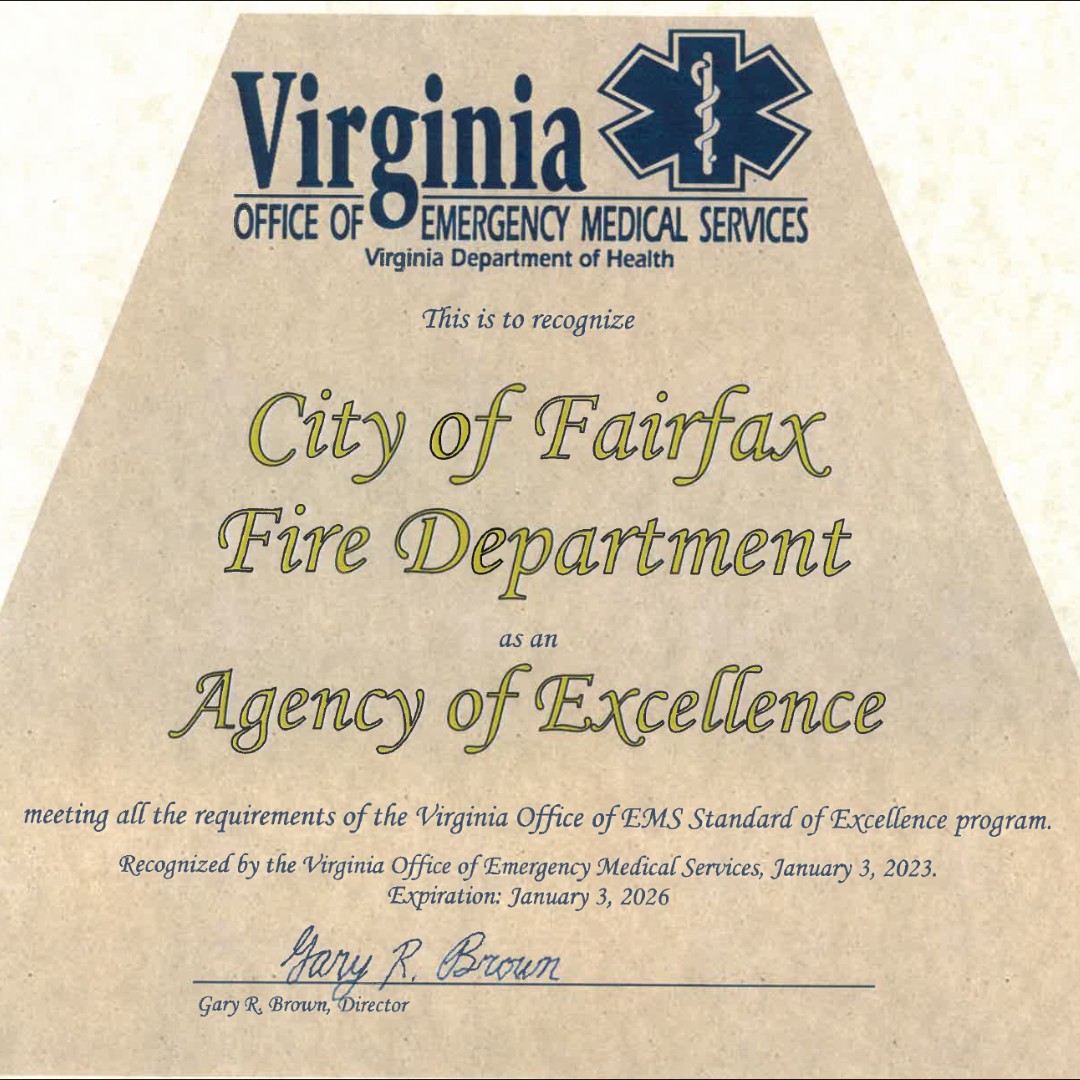CityofFairfaxFD's tweet photo. We are pleased to announce that we received official notification from @virginiaems that the city received the #AgencyofExcellence designation from their #StandardsofExcellence program. @CityofFairfaxVA https://t.co/ZFOhszUxAP