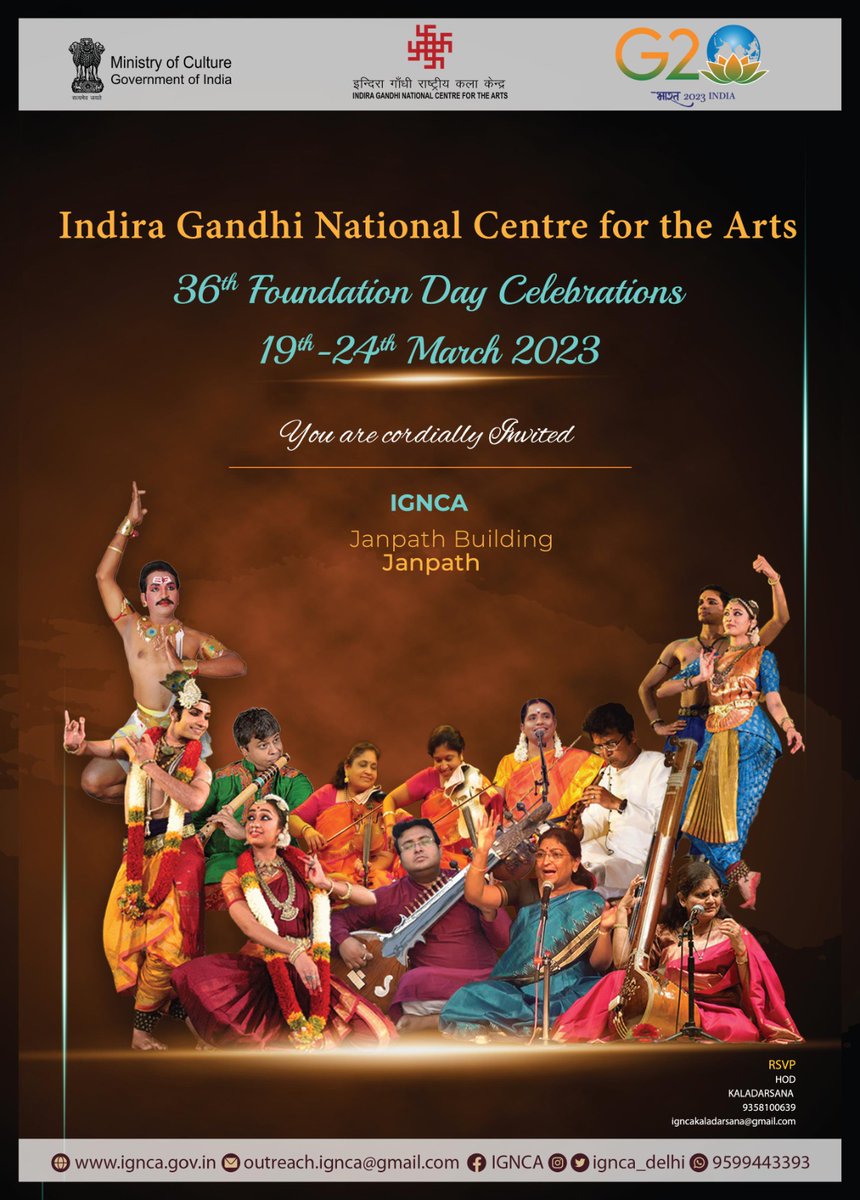 ignca_delhi's tweet photo. #IGNCA cordially invites you to its 36th #FoundationDay celebrations from 19th to 24th March, 2023. The week-long events being organised on this occasion will include cultural performances, exhibitions, seminars, lectures, book release, book discussion, etc.
@MinOfCultureGoI https://t.co/ee7y1AkpY2