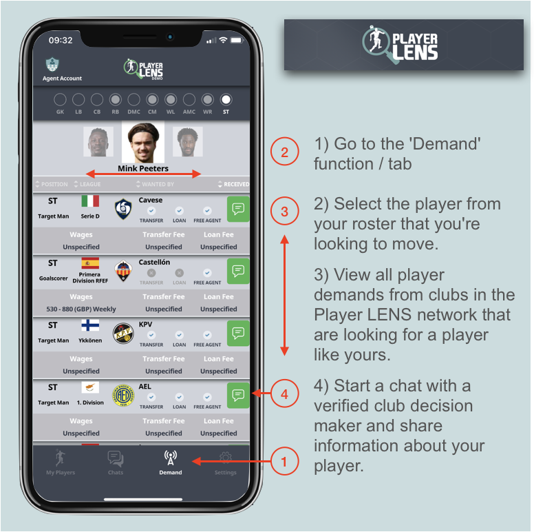 PlayerLENS's tweet photo. Maximize your player recruitment network with Player LENS App's 'Demand' feature! 📲🔍 Find top clubs seeking players, save time, and engage discreetly. Register as an agent, gain verified status, and access a global network of clubs. Try it now: https://t.co/fLti8m5sdz" https://t.co/Ouxtw7Zt7p