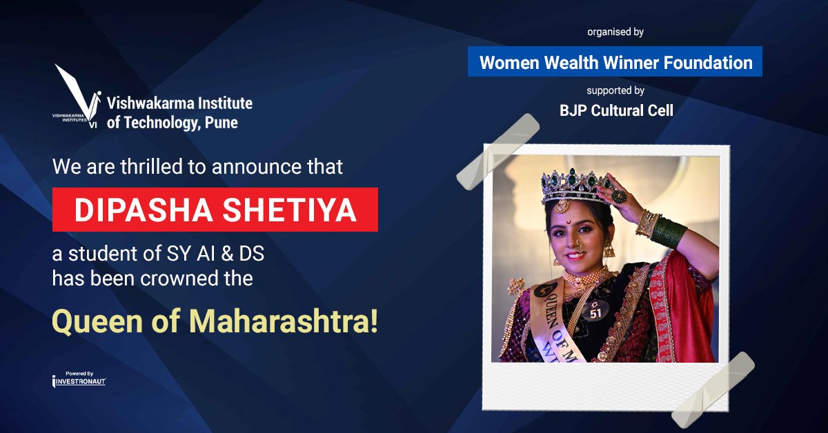 vit_college's tweet photo. Congratulations to Dipasha Shetiya on this incredible achievement, and we can't wait to see what she accomplishes in the future! 
#QueenofMaharashtra #SocialWork #ProudMoment #VIT #Congratulations #vitpune #engineering #engineeringinstitute #BJP #puneengineering https://t.co/DXA4mNp3WR
