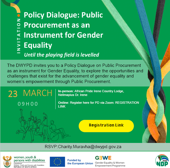 Join the conversation with <a href="/DWYPD_ZA/">Dept of Women, Youth & Persons with Disabilities</a> about gender equality procurement on 23 March, 9am. We are excited that our partner <a href="/DAG__activism/">DAG</a> will be on the panel.  <a href="/AsivikelaneWC/">AsivikelaneWC</a>  Register with zoom here: us02web.zoom.us/meeting/regist…