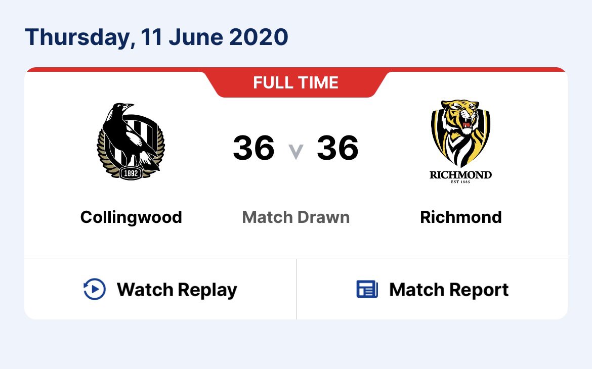 harleythomas97's tweet photo. That’s now four seasons in a row that Richmond has been involved in a draw 🤦‍♂️#AFLTigersBlues https://t.co/DalXFhAwuN