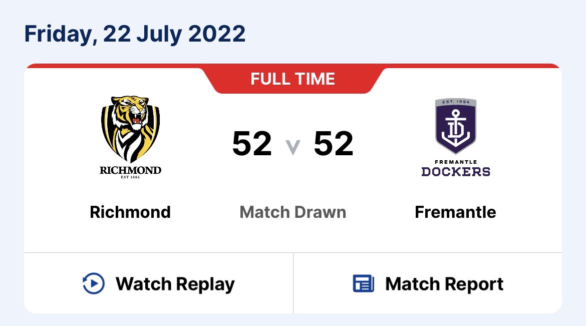 harleythomas97's tweet photo. That’s now four seasons in a row that Richmond has been involved in a draw 🤦‍♂️#AFLTigersBlues https://t.co/DalXFhAwuN