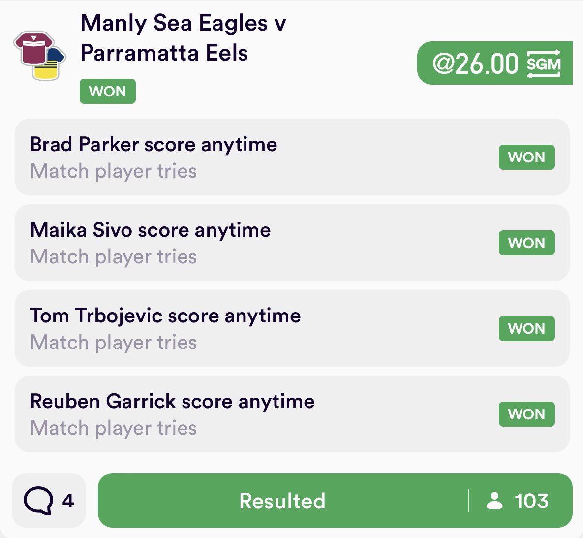 thecastpatrol's tweet photo. $26 TRY SCORER QUADDIE SALUTES โ
MickBet was offering $60 ๐คฃ๐คฃ๐คฃ
Join us for free tips now: https://t.co/KEZipTHu7b ๐ฐ
#NRLManlyEels #HugeWin #Winner #BackCastNeverLast #backcastwinmoneyfast https://t.co/1BYRihDWlF