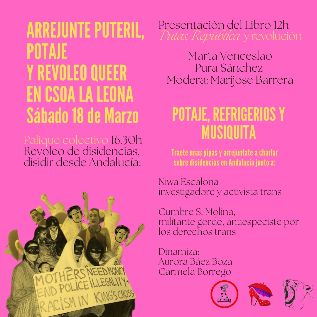 Puff el sábado tenemos un arrejunte güeno en <a href="/csoalaleona/">CSOA La Leona</a> 

Con las compas de <a href="/CPSproderechos/">Colectivo Prostitutas de Sevilla#RegularizacionYa</a> <a href="/lafugalibrerias/">La Fuga librerías</a> y Peñita alucinante

Ah y por supuesto su güen platito de potaje que no farte.