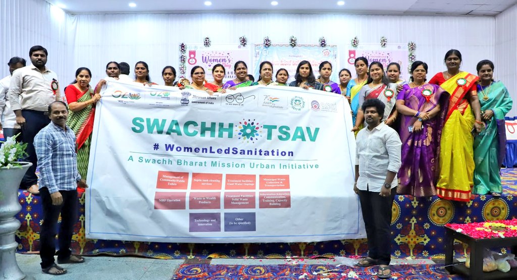 MC_GWMC's tweet photo. Hon'ble Mayor &amp; #GWMC launched #Swachhotsav 2023 campaign.
Women Icon Leading Swachhata (WINS) awards on the eve of International Women's Day 2023 for women champions in 10 thematic areas of sanitation and waste management.
@KTRBRS
@arvindkumar_ias
@SwachhBharatGov
@MoHUA_India https://t.co/i8fb7HWbUe