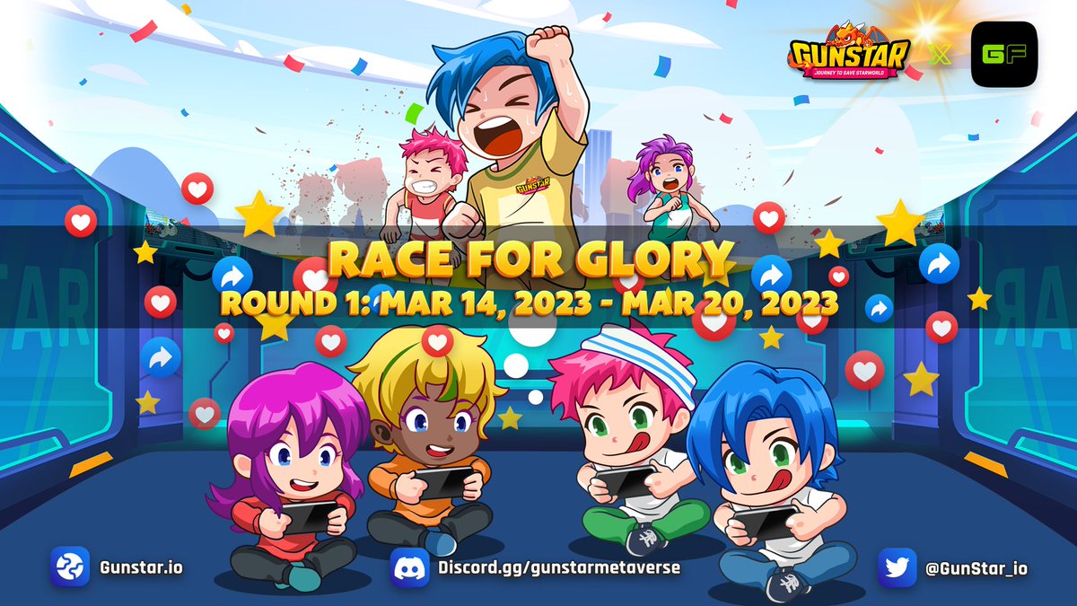 RACE FOR GLORY - ROUND 1  - Hosted by <a href="/GameFi_Official/">GAMEFI.ORG</a>

👉 FOLLOW, REVIEW, SHARE NOW: gamefi.org/games/gunstar-…
⏰ Duration:  Mar 14 - Mar 20
🎁 Reward  Up to $100 per person

👉 Details: blog.gunstar.io/race-for-glory…

#Gunstar #Metaverse #esportsfi $GSTS $GSC #BuildonBNBChain #BNBChain