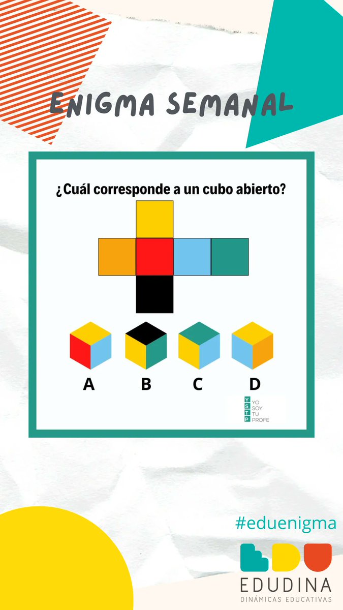 edudinabox's tweet photo. Séptimo #enigma de la mano de @yosoytuprofe, ¿Qué cubo corresponde al cubo abierto de la imagen?

#eduenigma #cubo #educacion #eso #reto https://t.co/qQeUTtkmhD