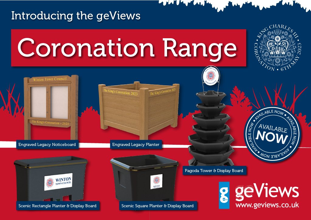 ViewsGe's tweet image. Bring modern day history to your local area with planters and noticeboards celebrating the #Coronation  of King Charles III. Specially engraved with your local area and any colour for added personalisation.