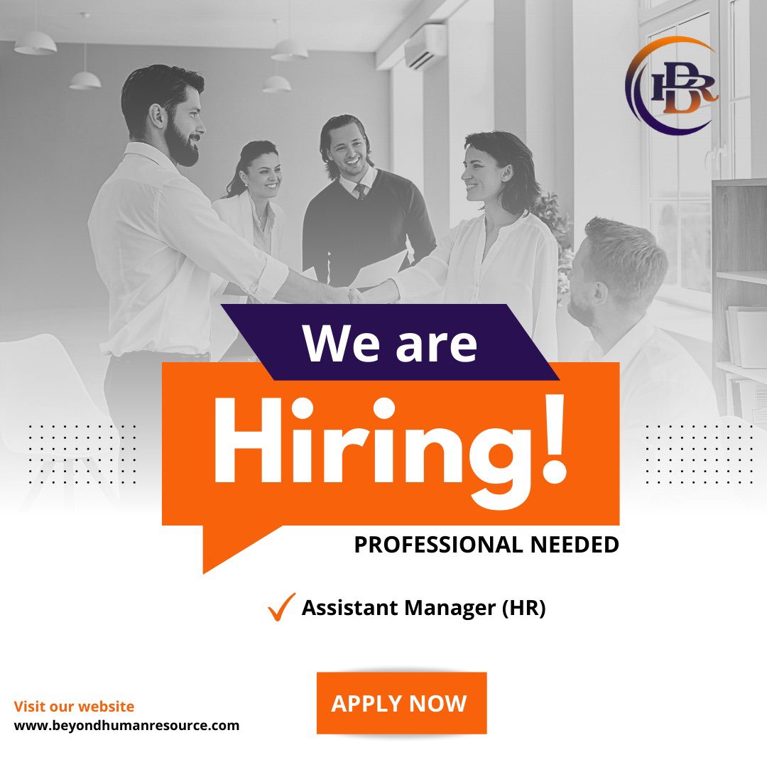 We're hiring for Assistant Manager HR. Someone with good experience in recruitment and a generalist profile.

Apply at hr@beyondhumanresource.com

#hiring #recruitment #experience #hr #generalist #immediatejoiners #hrhiring #lookingforjob #openforwork #BHR #beyondhumanresource