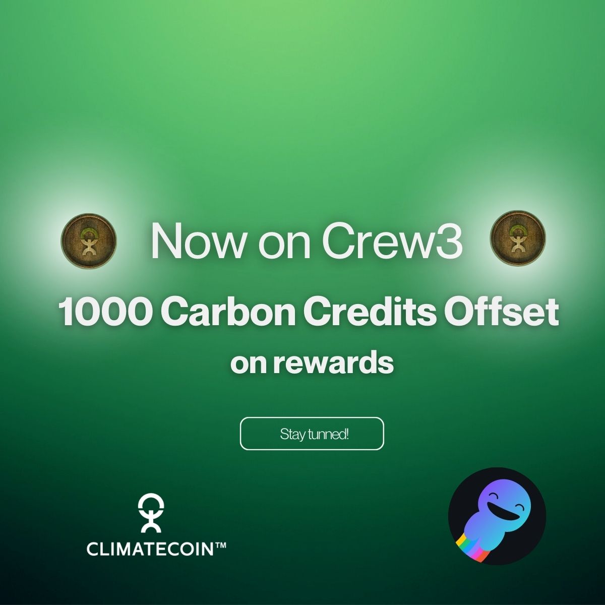Climatecoin's tweet photo. Check out our @crew3xyz community!💻🤝 

▶️ https://t.co/l6tH3SA1O3

Use our platform https://t.co/Yu1yUJgfJy &amp; complete as many quests as you can. Most active users will have a massive footprint offset for free 🌳

Join the #crew3 community to become one of the lucky winners!🏆 https://t.co/XLLbDD01w6