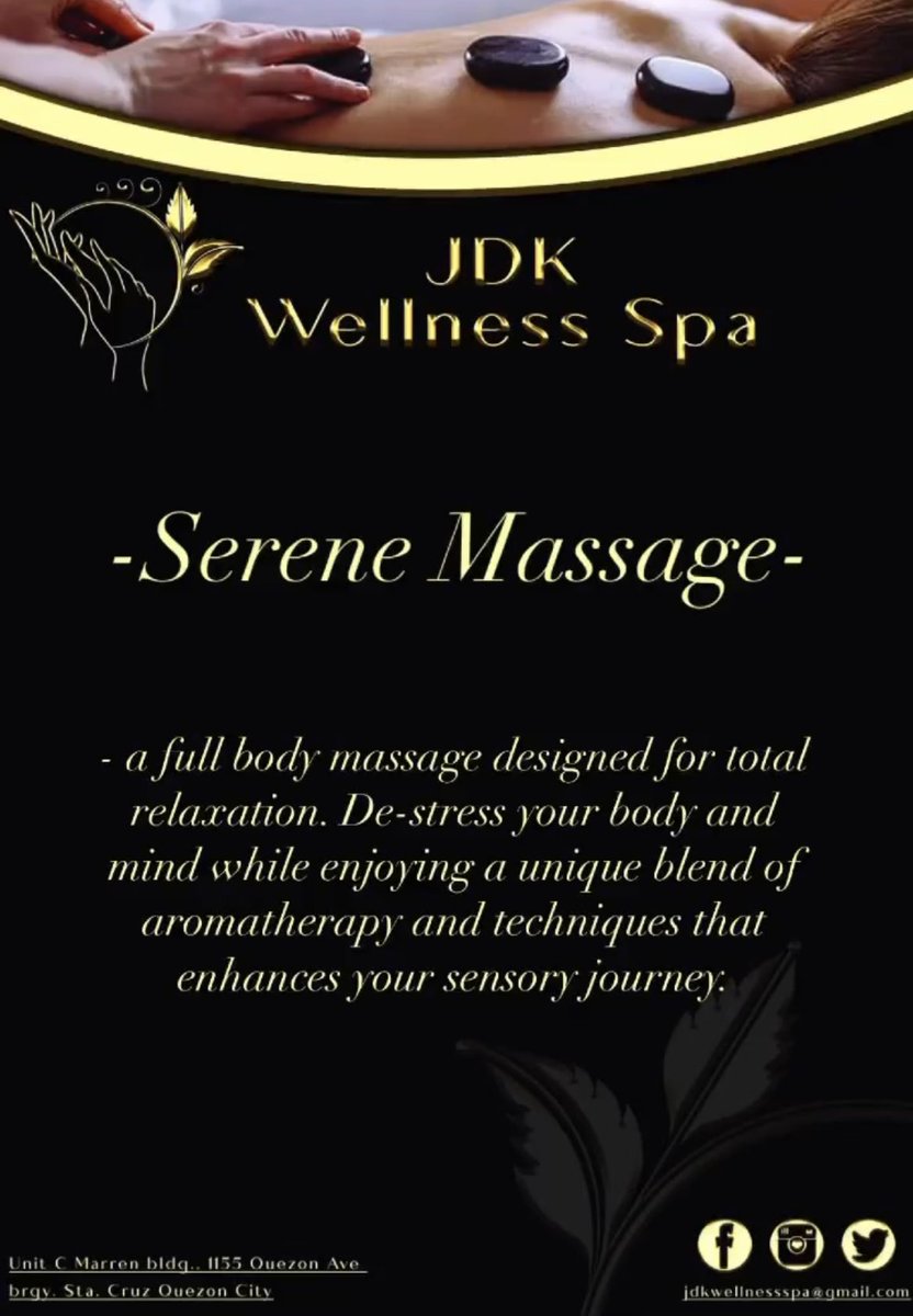 JDKWellnessSpa's tweet photo. Want to try our most requested Serene Massage?

DM us for reservation or you may contact us at 09561538046 (globe) 09852493901 (smart) 02-85735652 (landline) https://t.co/S9rGrZnDNC
