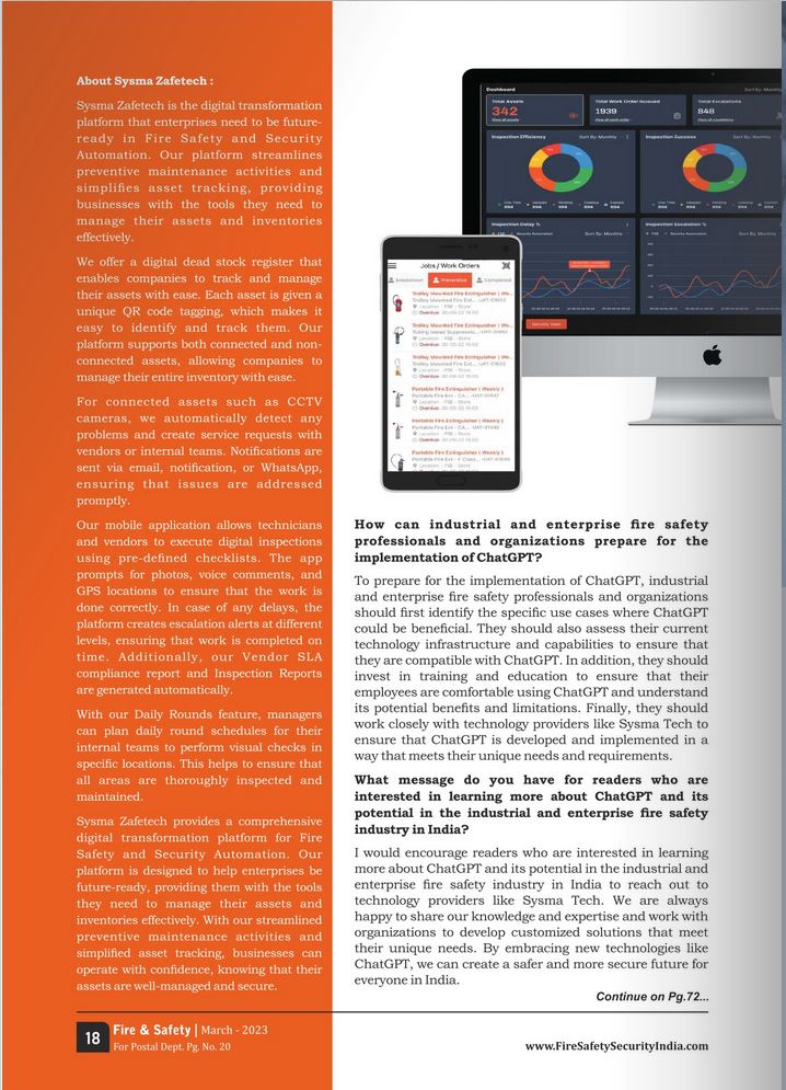 SysmaTech472's tweet image. Sysma and Chat GPTs: Innovating Fire Safety in India and Beyond
&quot;Sysma&apos;s founder Ankit Dave recently sat down with Fire and Safety Magazine to discuss the future of fire safety in India, and the potential of emerging technologies like Chat GPTs. 

#safety #security #automation