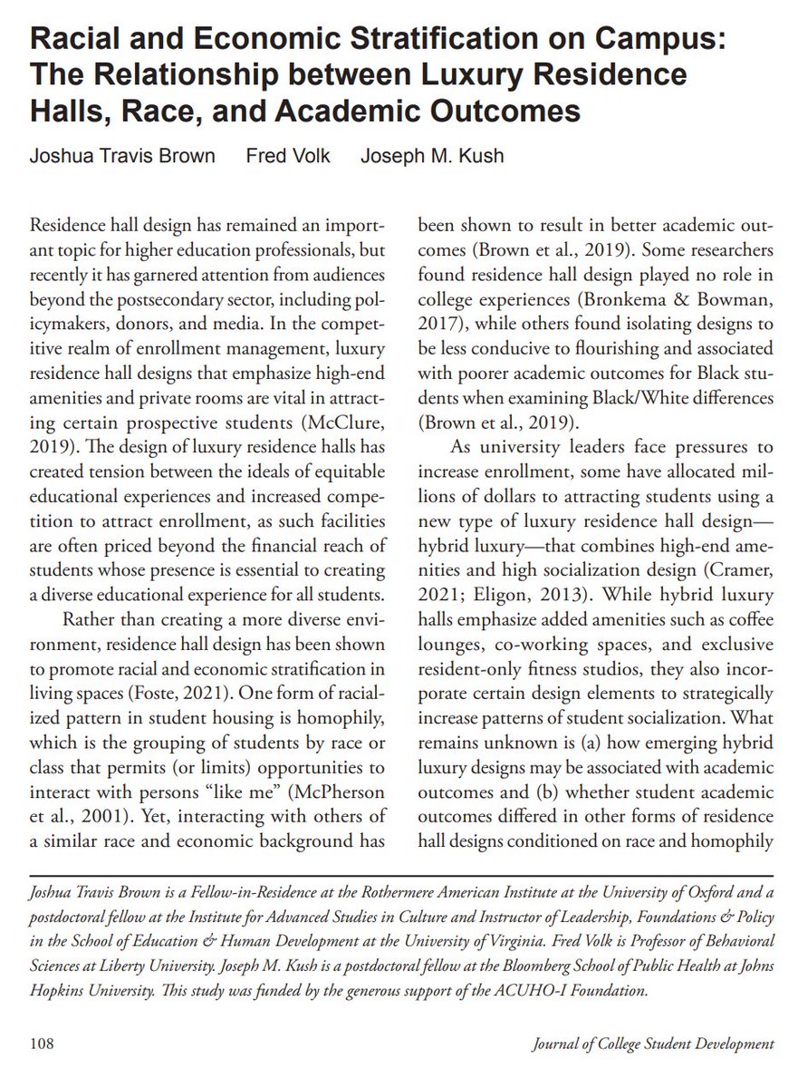 HigherEdSoc's tweet image. 1/10 New research highlights how colleges have created racially segregated &amp;amp; economically stratified college campuses through a combination of housing design &amp;amp; differentiated pricing  (Published via @ACPAJCSD &amp;amp; @JHUPress) muse.jhu.edu/pub/1/article/…