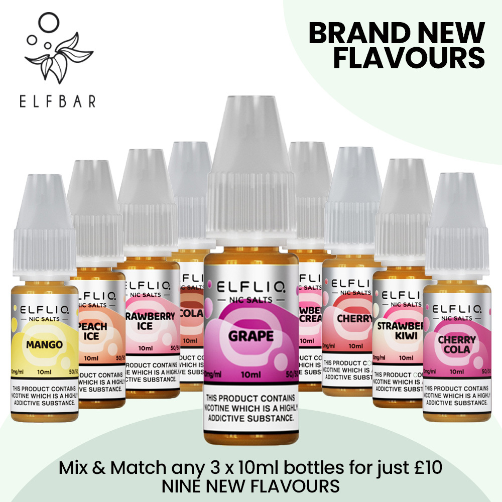 Elf Bar ElfLiq E Liquid
All the same great flavours of an Elf Bar in a 10ml Bottle and we’ve just added 9 new flavours for you to try . 
Mix and Match one of the 20 flavours we have in stock in both 10mg and 20mg  from just £3.33 in our 3 for £10 offer. 
vapourcore.com/search?type=pr…..