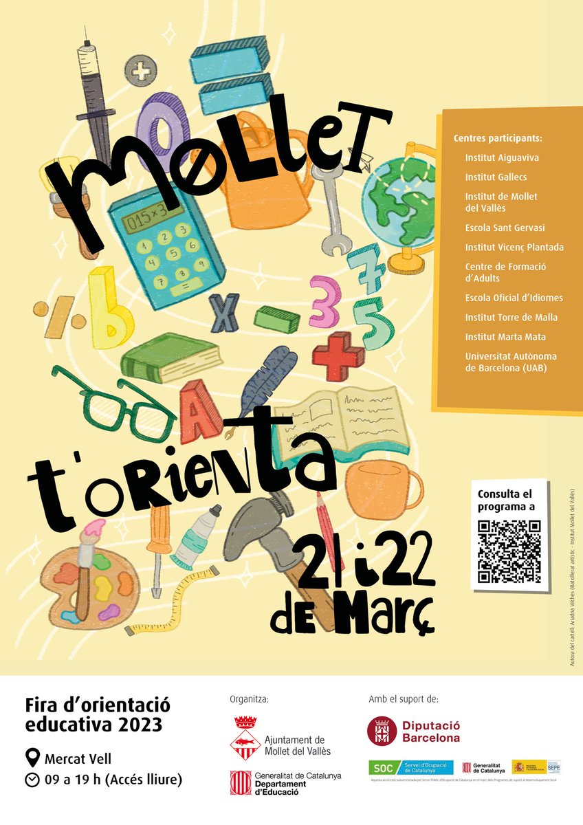 La setmana vinent a la nostra ciutat tindrem per primer cop la fira "Mollet t’orienta" els dies 21 i 22 de març, de 9h a 19h, al Mercat Vell. És un acte dirigit a la informació i orientació de l’etapa post-obligatòria entre les i les joves. <a href="/joventutmollet/">Joventut Mollet</a>