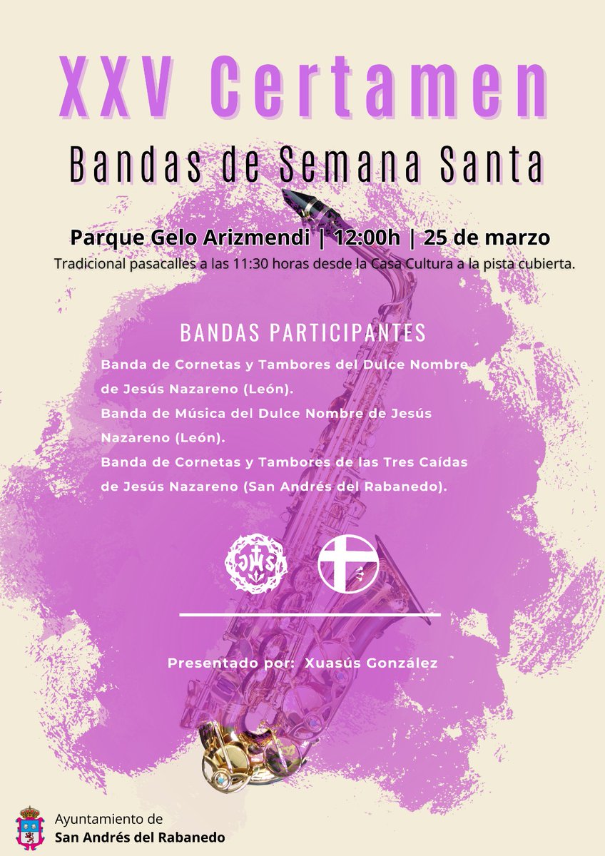 ℹ El Certamen de Bandas de Semana Santa se celebra este año el sábado 25 de marzo, a las 12 horas, en el Parque Gelo Arizmendi. 

👉 Van a participar las bandas de música y cornetas de las cofradías <a href="/jhsleon/">Cofradía del Dulce Nombre de Jesús Nazareno</a> y <a href="/TresCaidasSanAn/">TresCaidas SanAndres</a>
