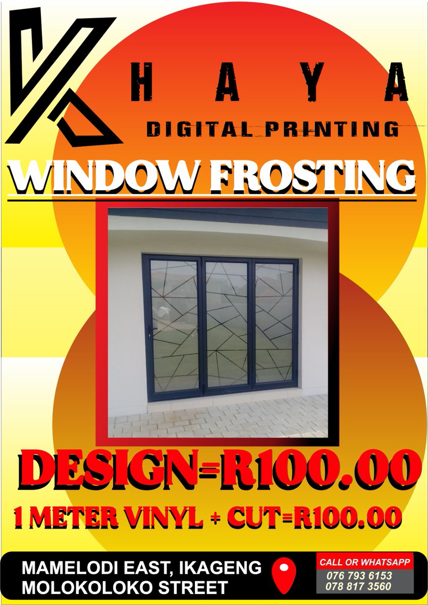 DigitalKhaya's tweet image. Let us help you improve privacy, retain natural light by creating a stylish frosted windows for your home or workplace❤️❤️. 
Send us the design of your choice, that suits your style at KhayadigitalPrinting or 076 793 6153.
#djsbu  #windowfrosting